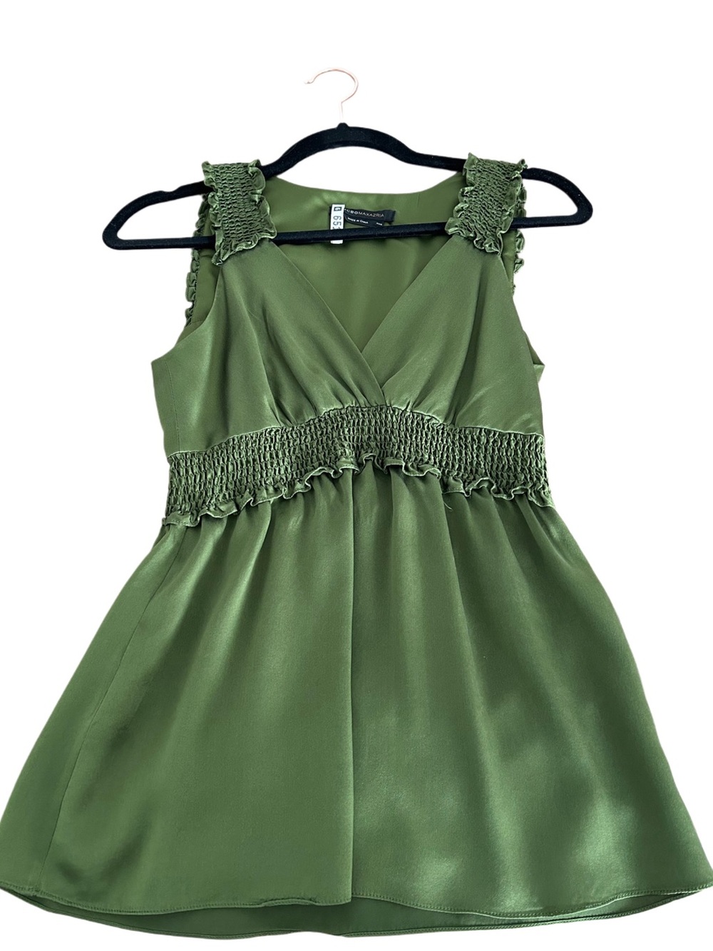 BCBG 100% silk Women Olive Green Smocked Waist Dress XS